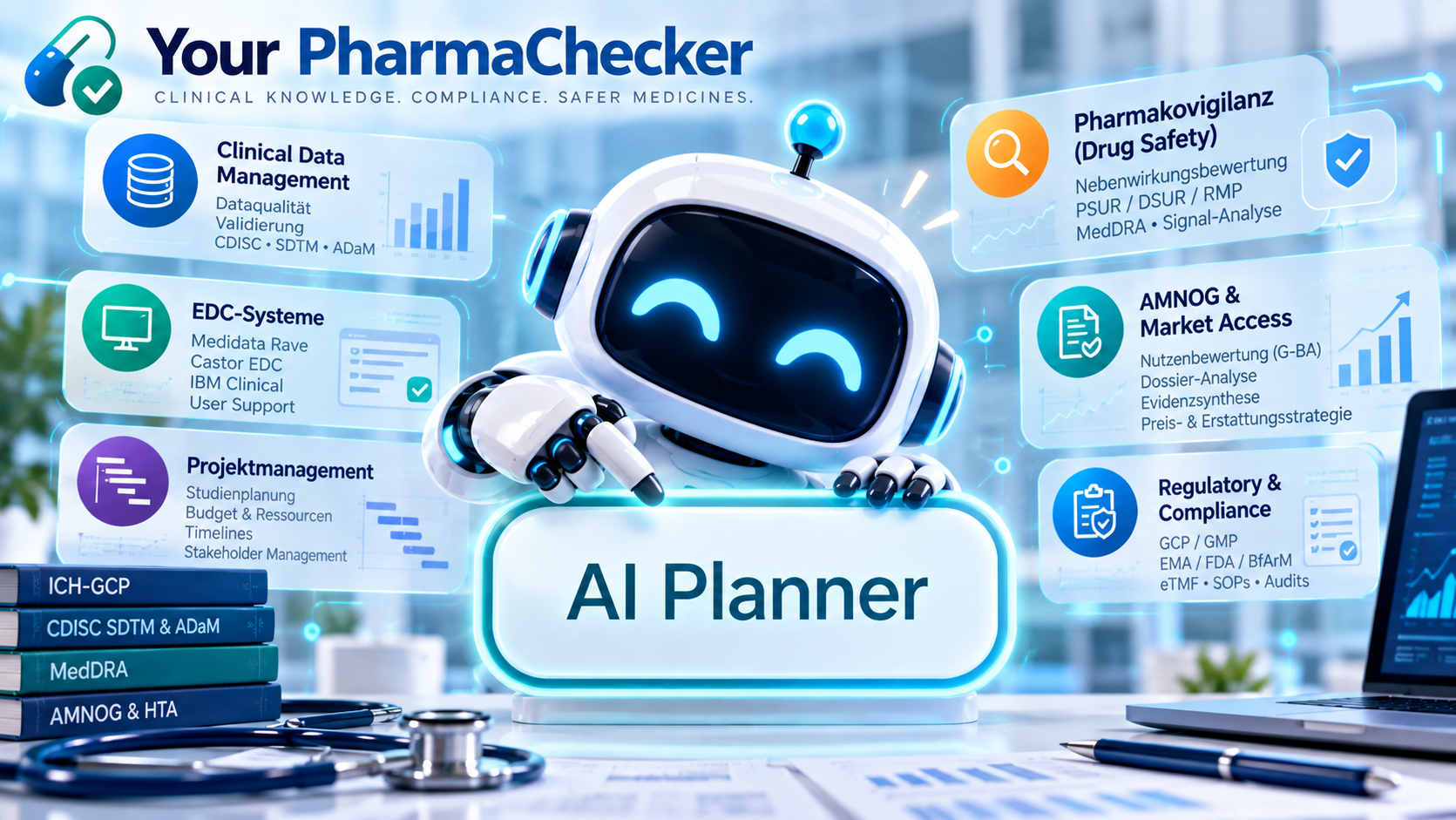 Your PharmaChecker AI Planner: clinical data management, EDC systems, project management, pharmacovigilance, AMNOG and market access, regulatory and compliance